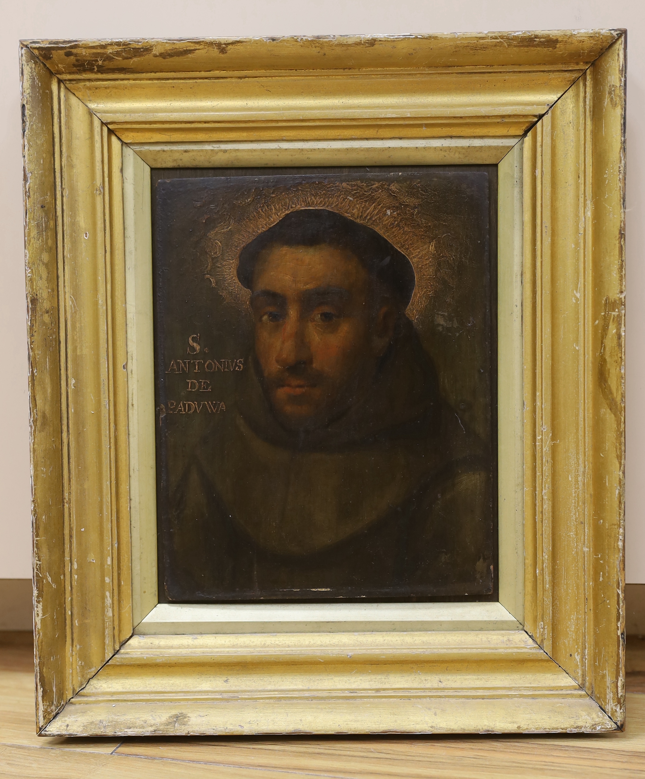 Continental School, oil on board, St Anthony of Padua, inscribed, 25 x 20cm